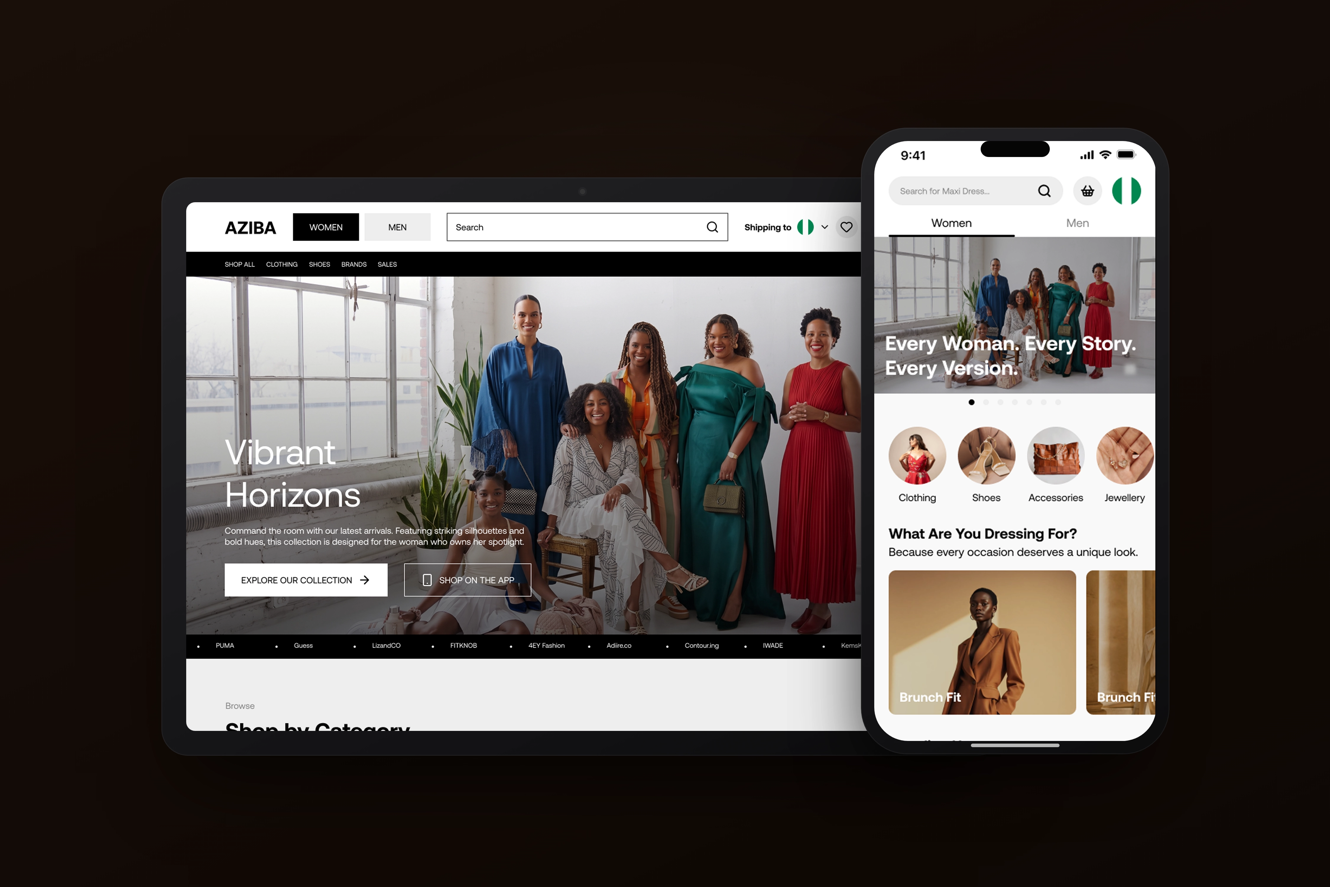 AZIBA web and mobile home screens shown side by side, web in a browser frame and mobile in an iPhone frame