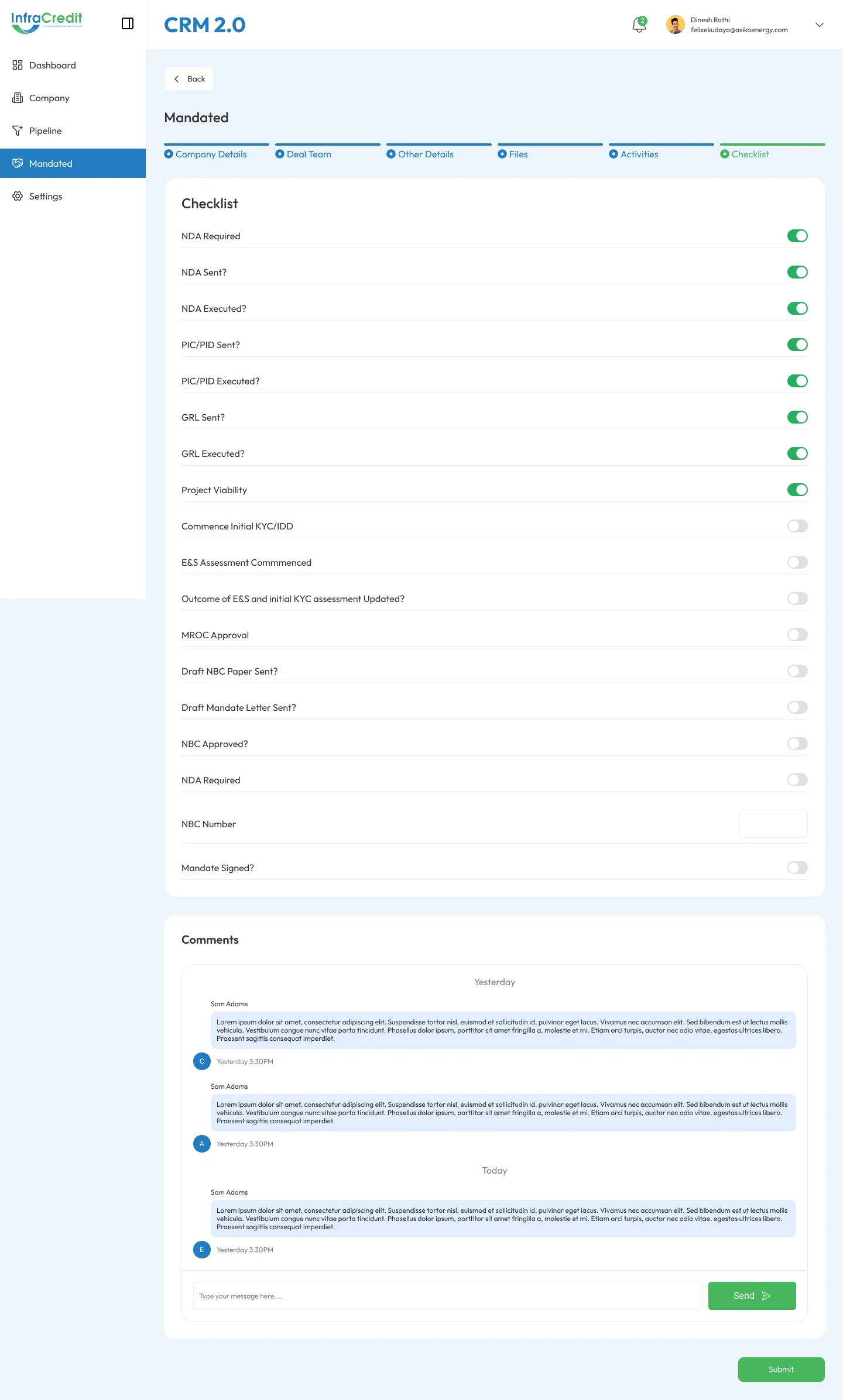 CRM deal checklist tab