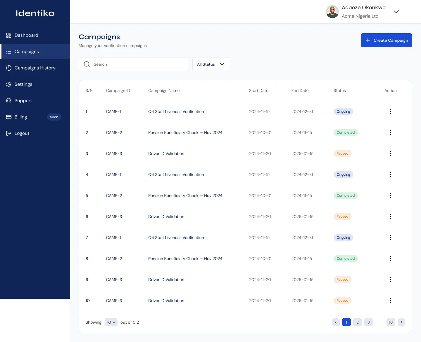 Campaigns list with campaign ID, name, start and end dates and status, searchable and filterable by status