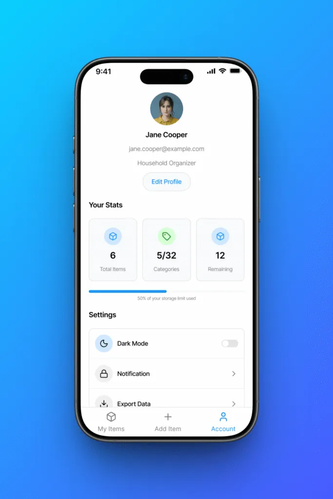 iFoundIt account screen with usage stats and settings