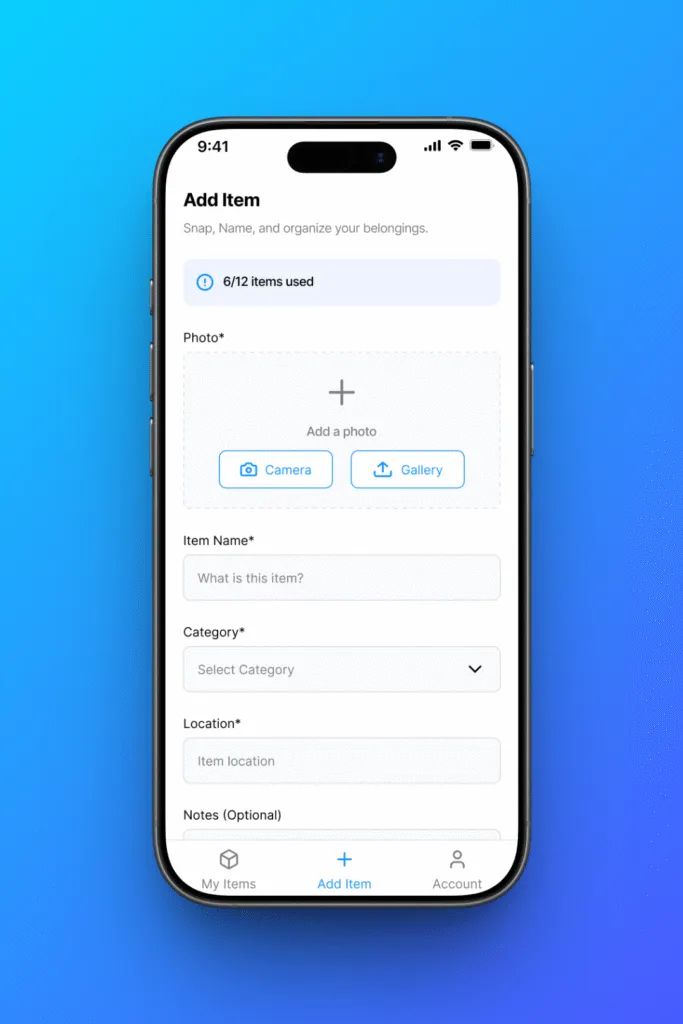 iFoundIt add-item screen with photo capture, item name, category and location fields