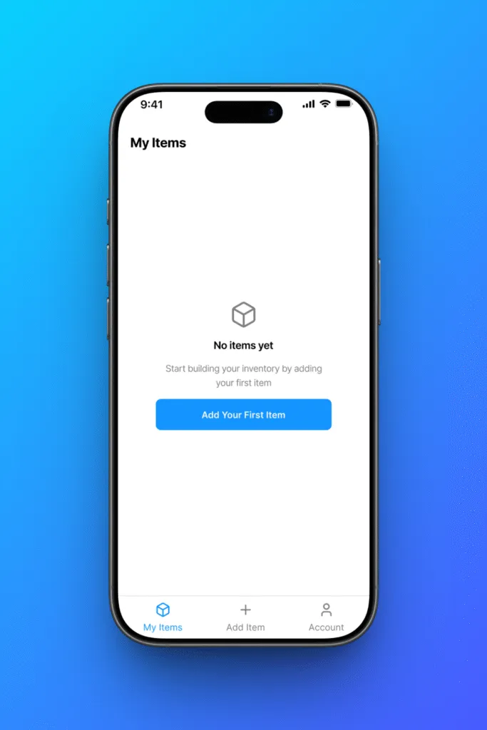 iFoundIt empty state with a single 'Add Your First Item' action