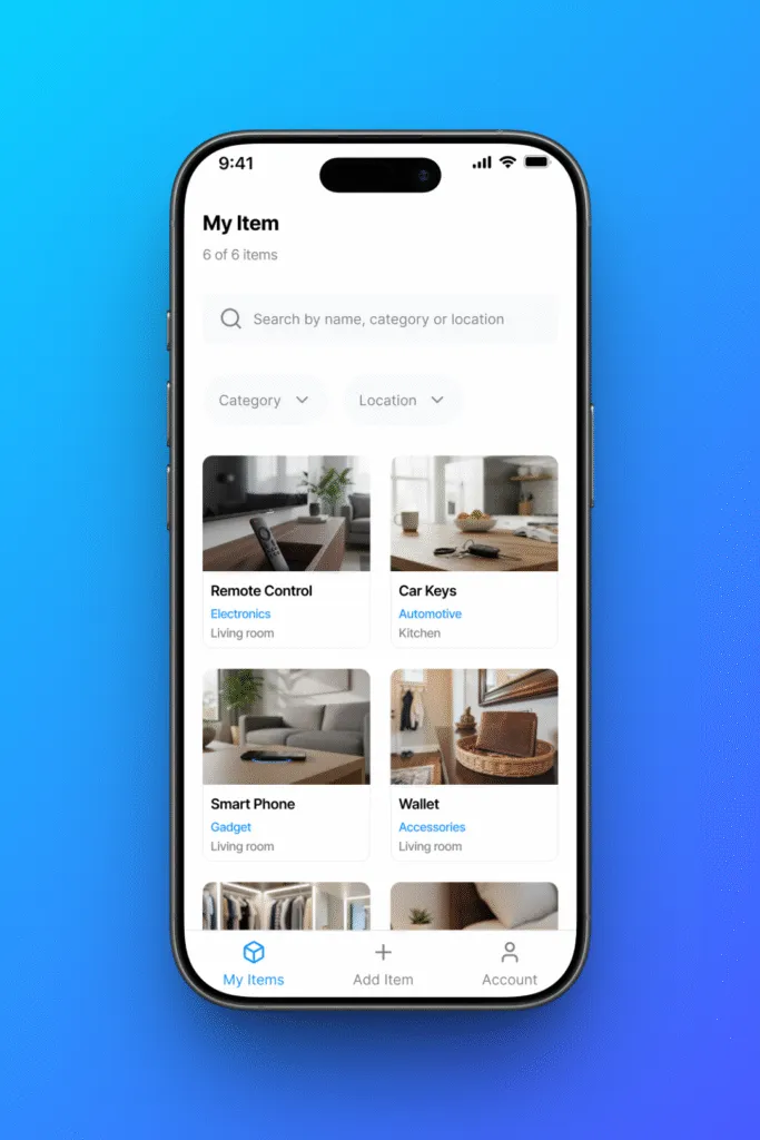 iFoundIt item list showing a grid of photo tiles with category and room