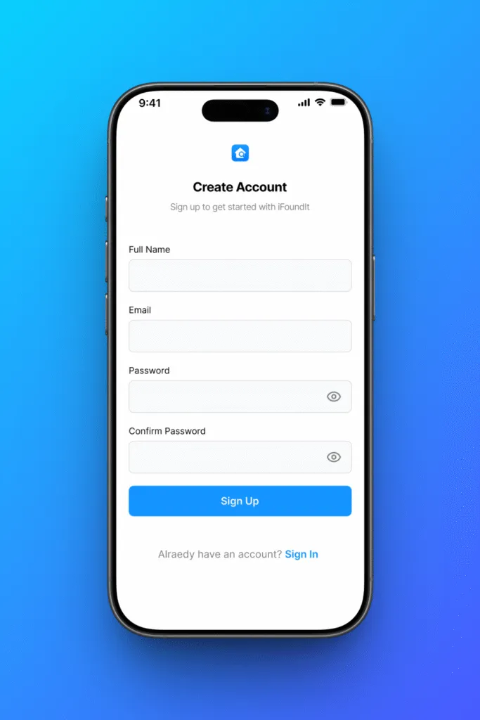 iFoundIt sign-up screen
