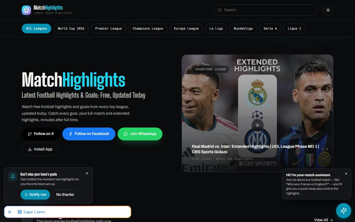 Match Highlights home: league nav, a featured extended-highlights video, and an AI match assistant