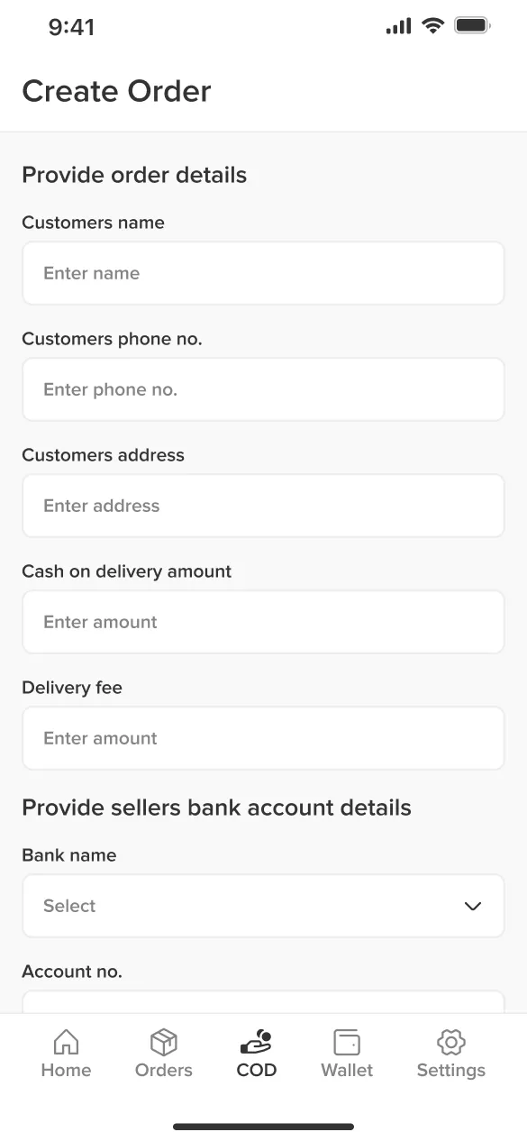 Shippa create-order screen with customer details, COD amount, delivery fee and seller bank details