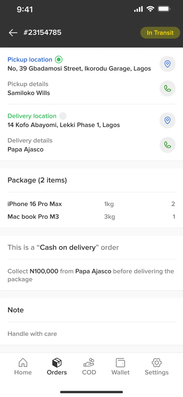 Shippa order detail screen with pickup and delivery contacts, package manifest and the COD amount to collect