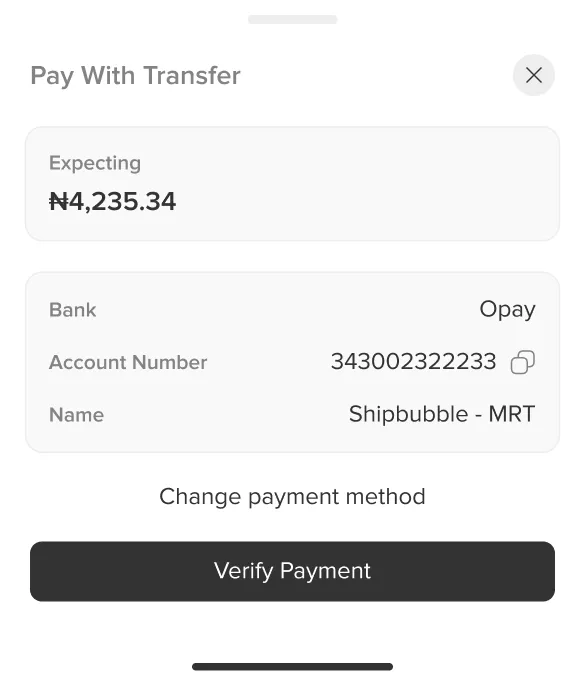 Shippa pay-by-transfer screen with amount, bank and account number