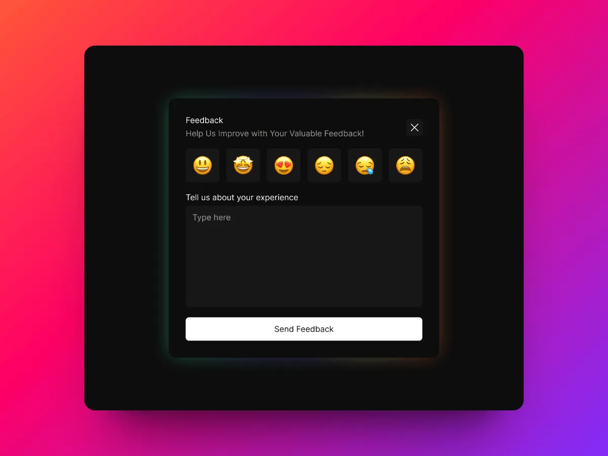 Feedback capture: A low-friction rating-and-comment modal, drawn for a dark UI.