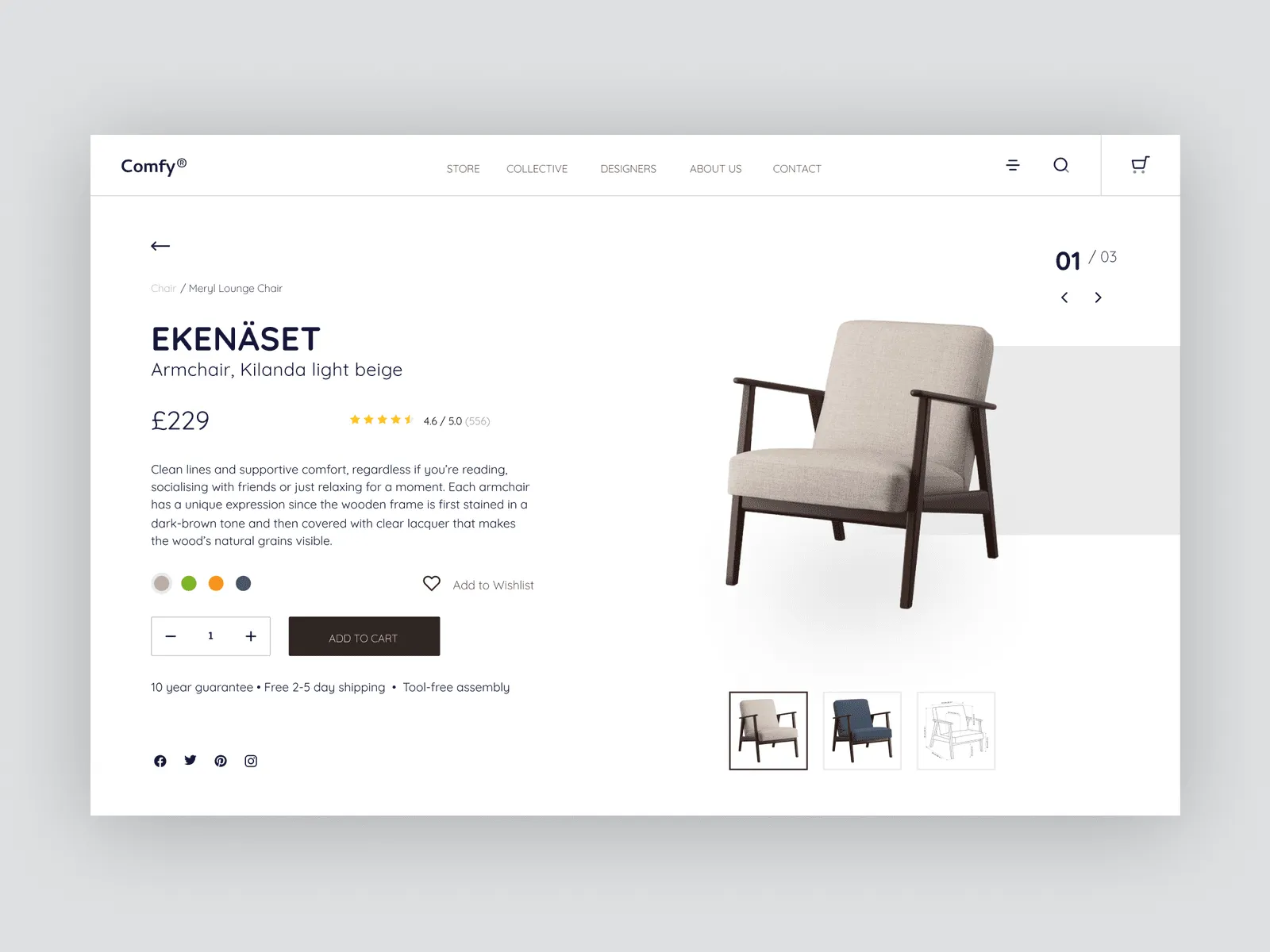Product page: An editorial e-commerce product detail: one large image, price and options kept close to the fold.