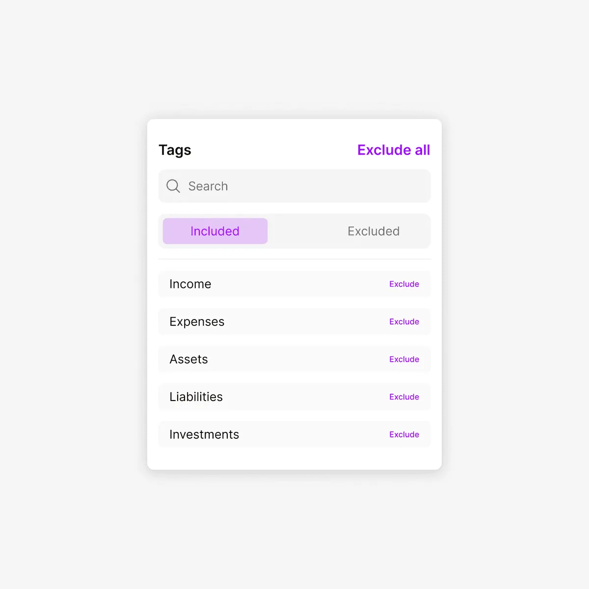 Tag filter: An include / exclude tag control for a budgeting app.