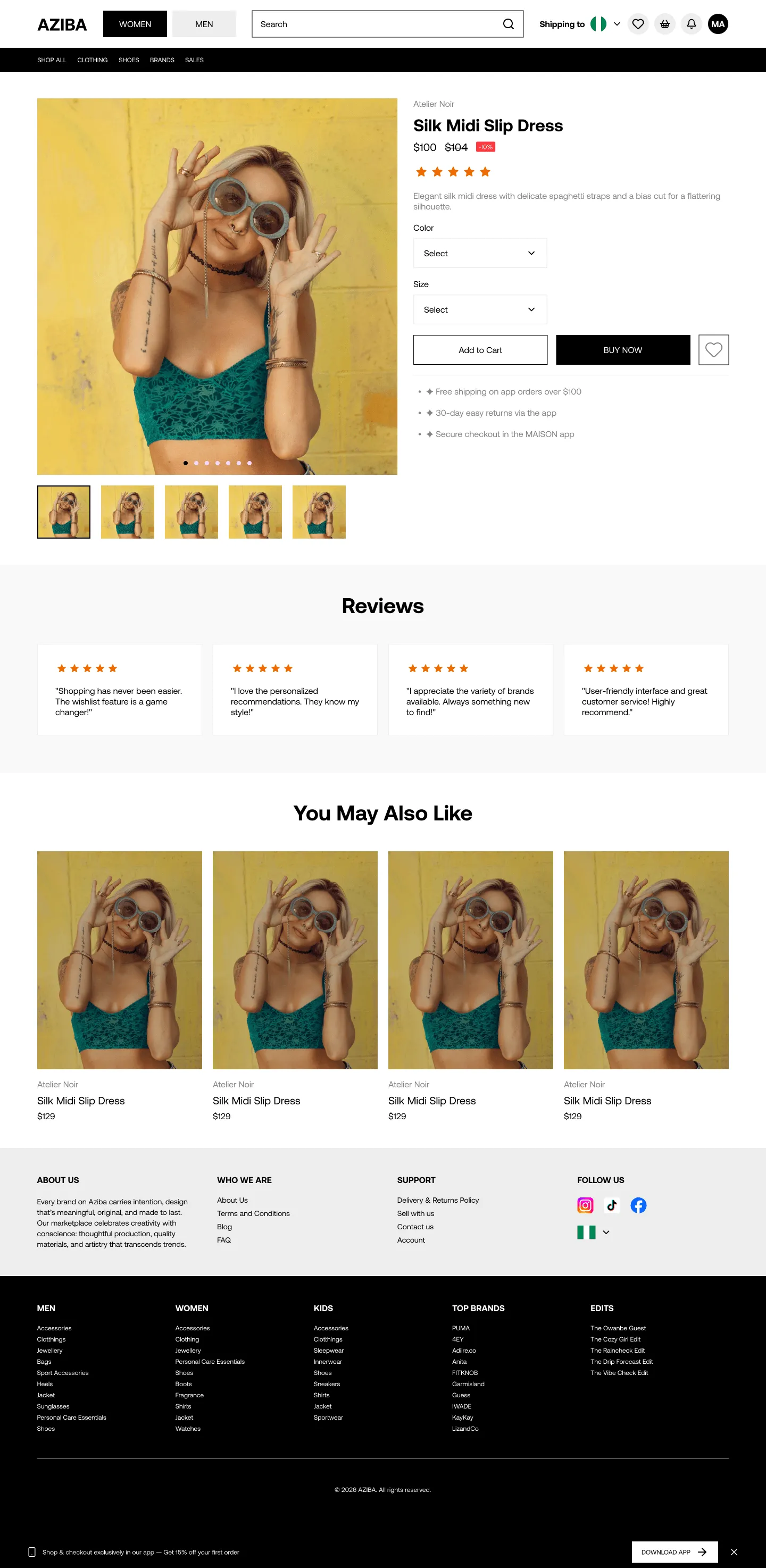 AZIBA web product detail page with gallery, variants, and dispatch and returns windows stated on the page